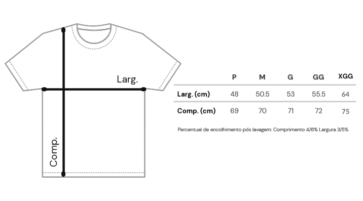 Imagem da tabela de medidas de Camiseta Masculina Fernanda Massotti - Timidez