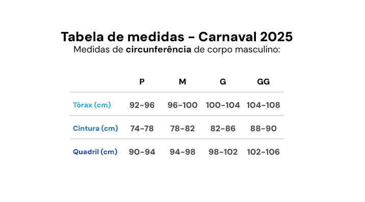 Imagem da tabela de medidas de Regata Tule Onça Amarela - Carnaval 2025